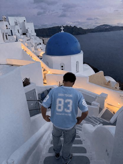 Benir Clothing God’s Timing 83 knit Jersey - Light Blue — XS — Top View