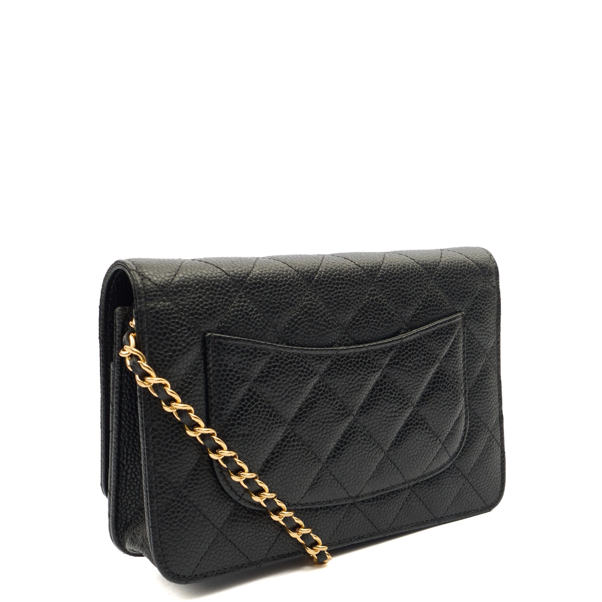 Chanel Cross Body Wallet on Chain in Black, Caviar Leather — Side View