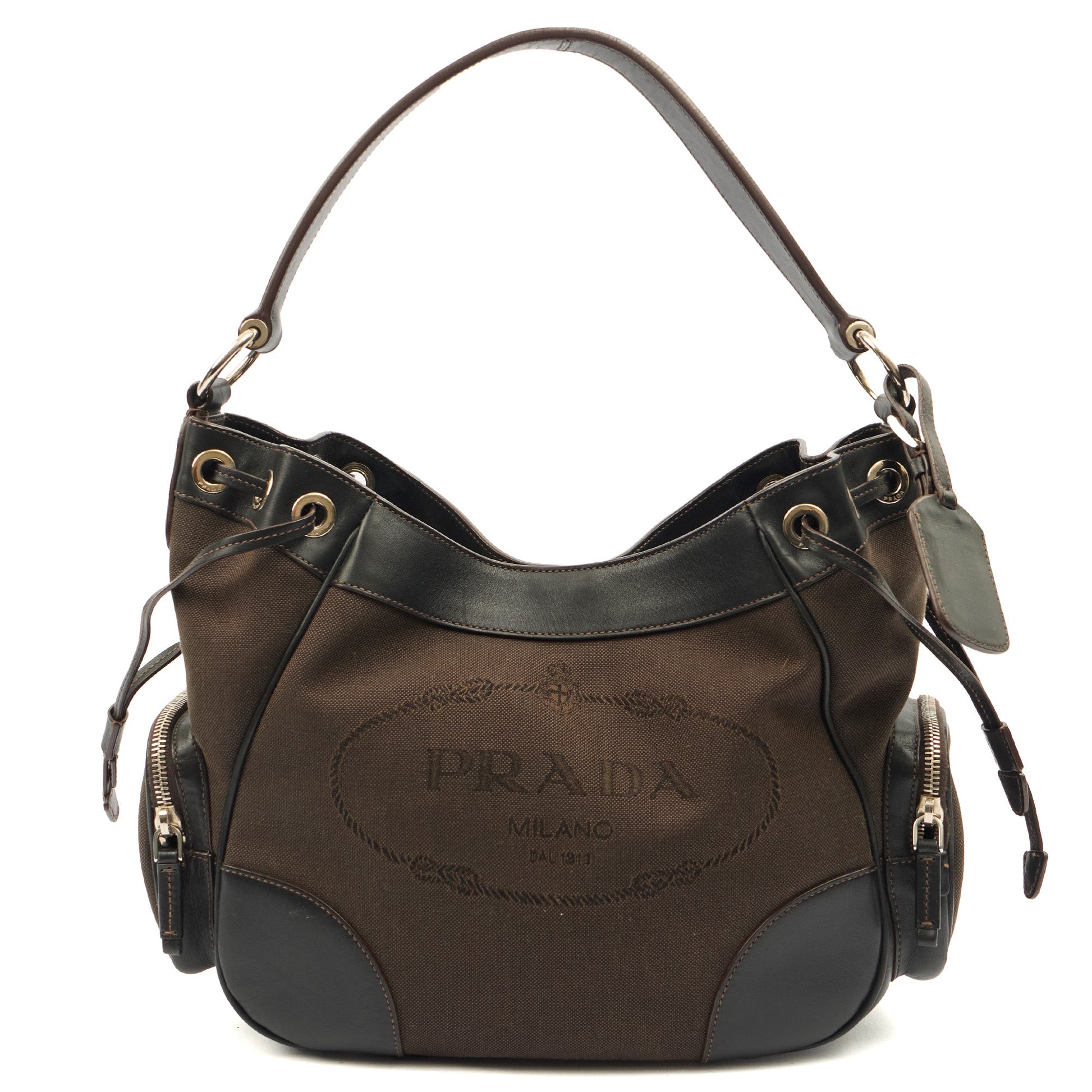 Prada Tote Canapa Logo Shoulder Bag in Brown, Canvas — Front View