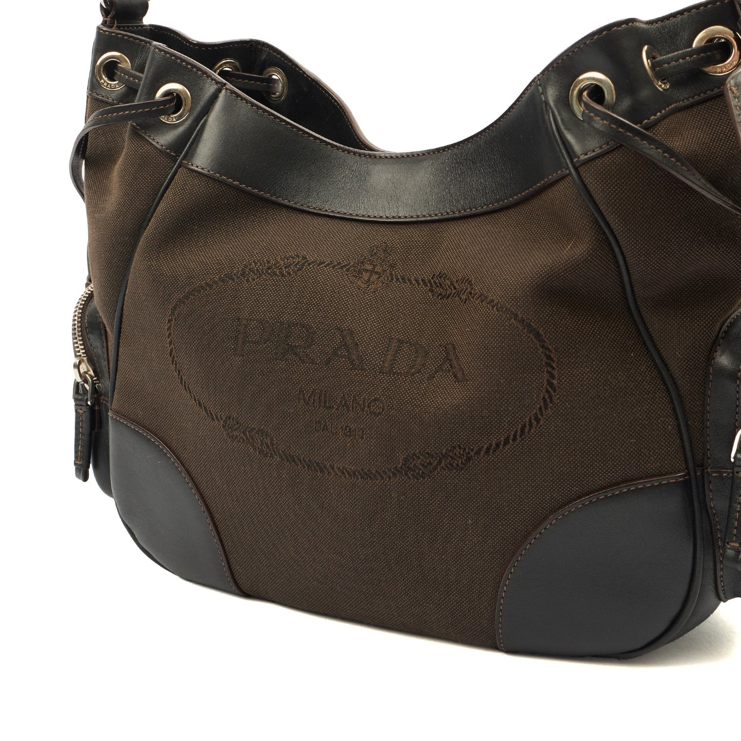 Prada Tote Canapa Logo Shoulder Bag in Brown, Canvas — Lifestyle View