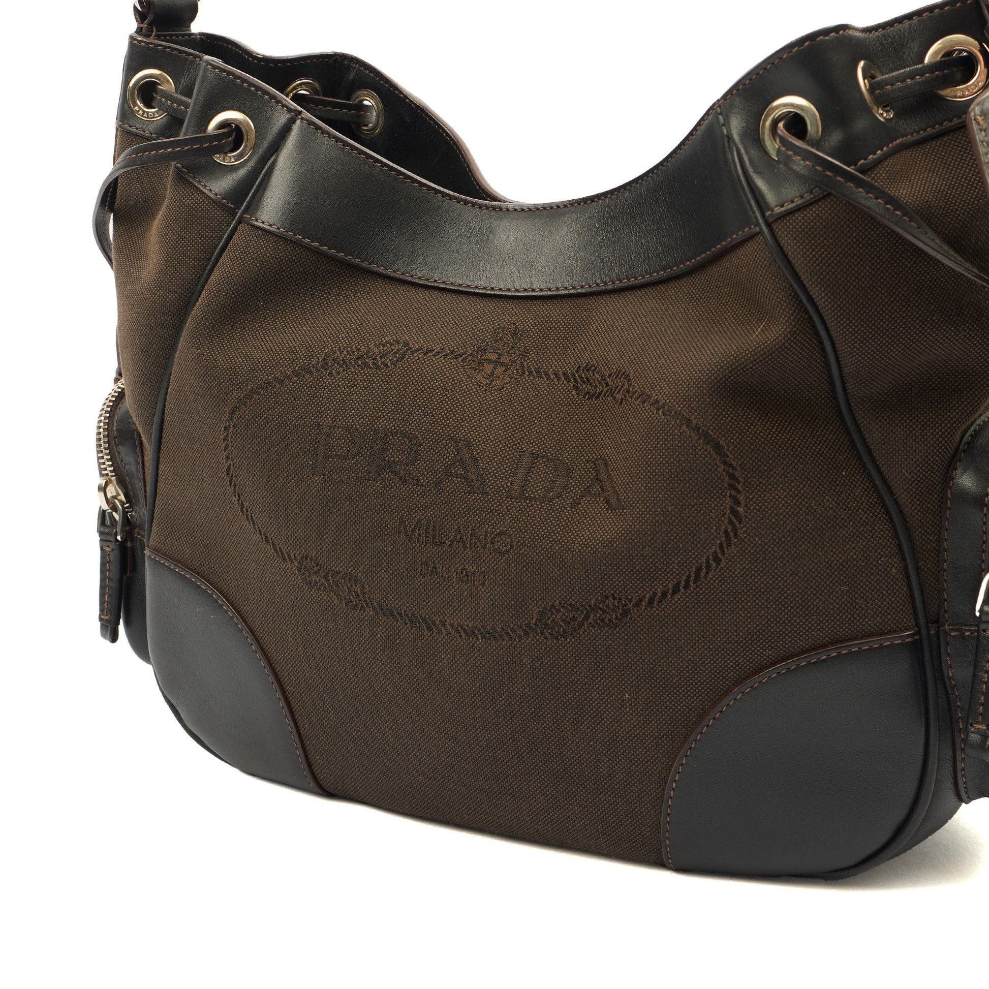 Prada Tote Canapa Logo Shoulder Bag in Brown, Canvas — Lifestyle View