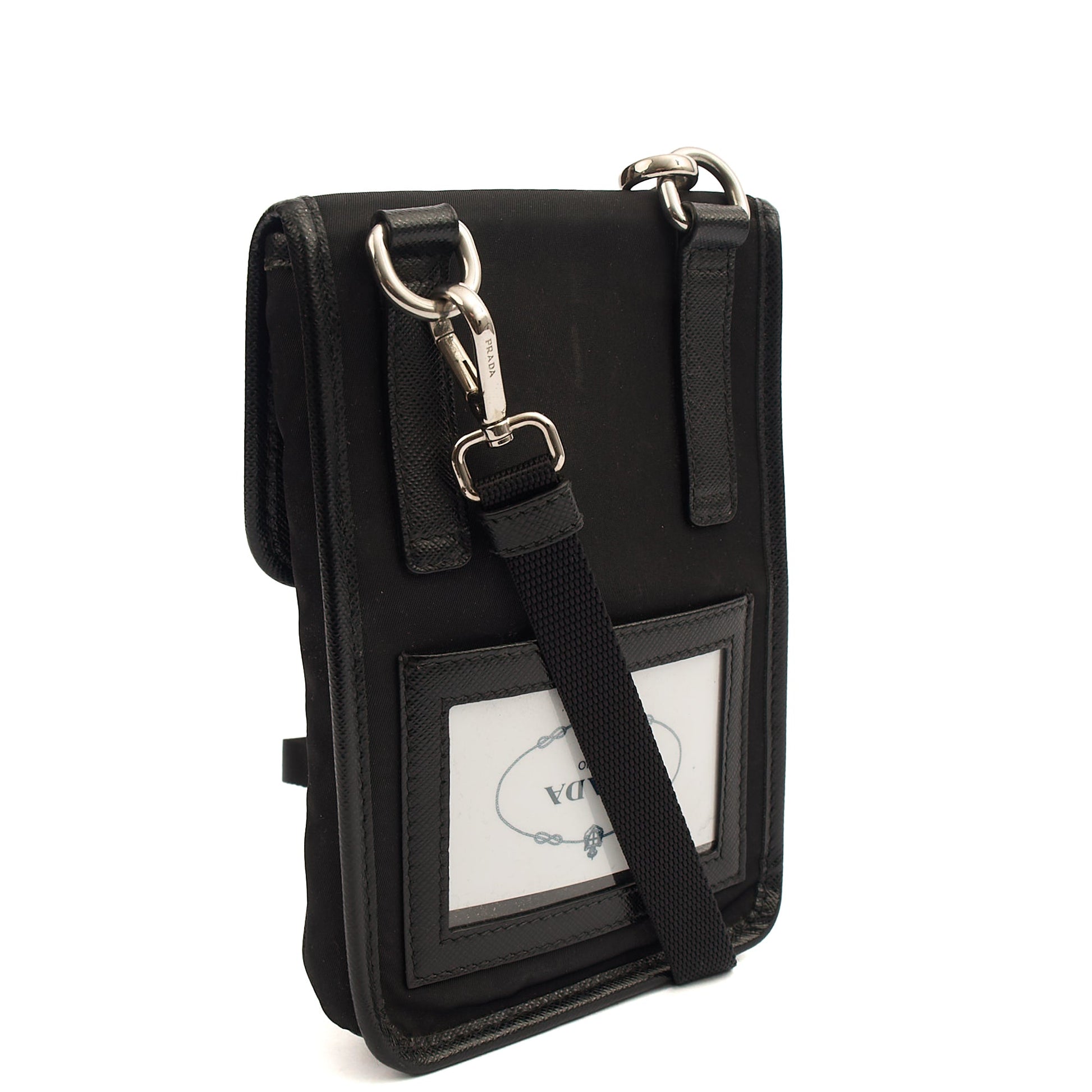 Prada Cross Body Plaque Logo Leather Mini Bag in Black, Nylon — Side View