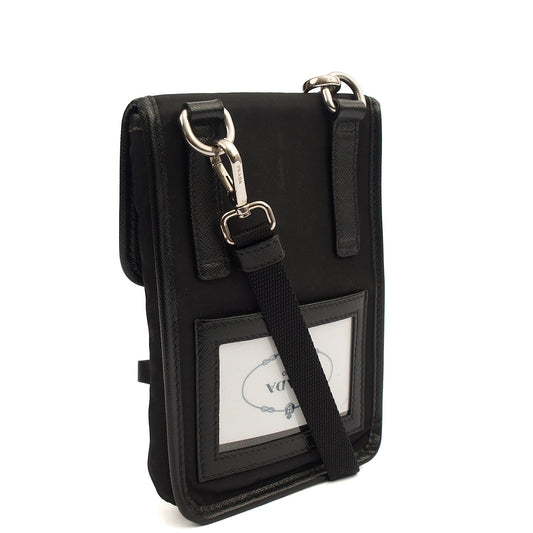 Prada Cross Body Plaque Logo Leather Mini Bag in Black, Nylon — Side View
