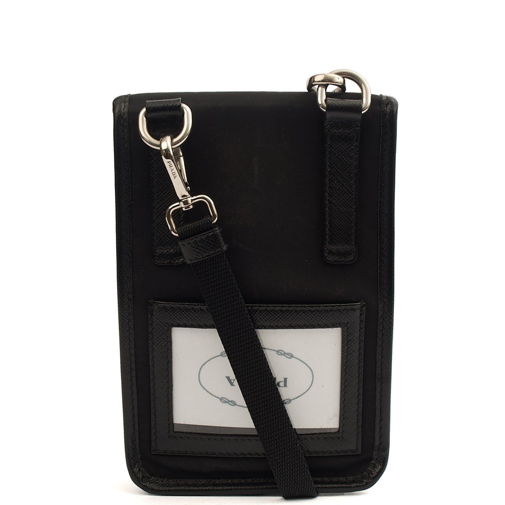 Prada Cross Body Plaque Logo Leather Mini Bag in Black, Nylon — Back View