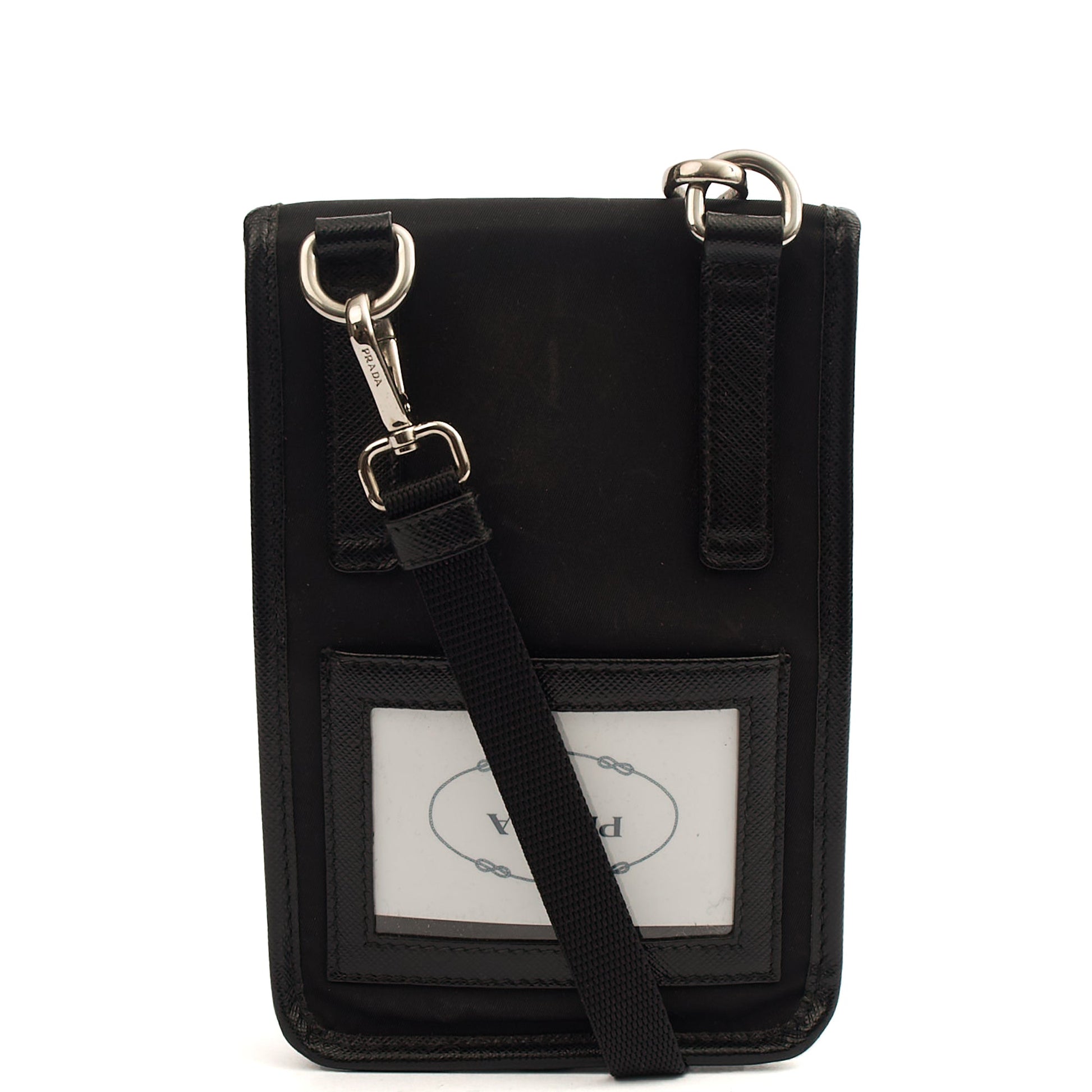 Prada Cross Body Plaque Logo Leather Mini Bag in Black, Nylon — Back View