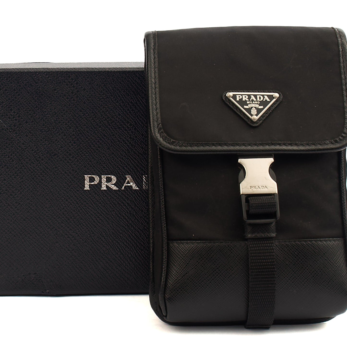 Prada Cross Body Plaque Logo Leather Mini Bag in Black, Nylon — Detail View