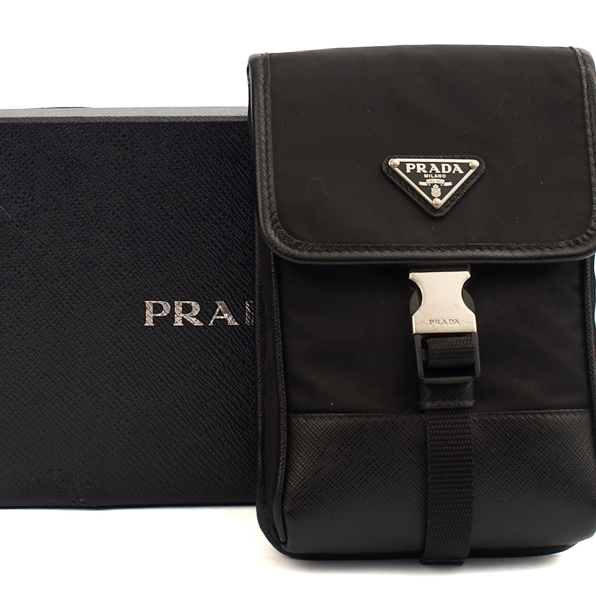 Prada Cross Body Plaque Logo Leather Mini Bag in Black, Nylon — Alternate View 12