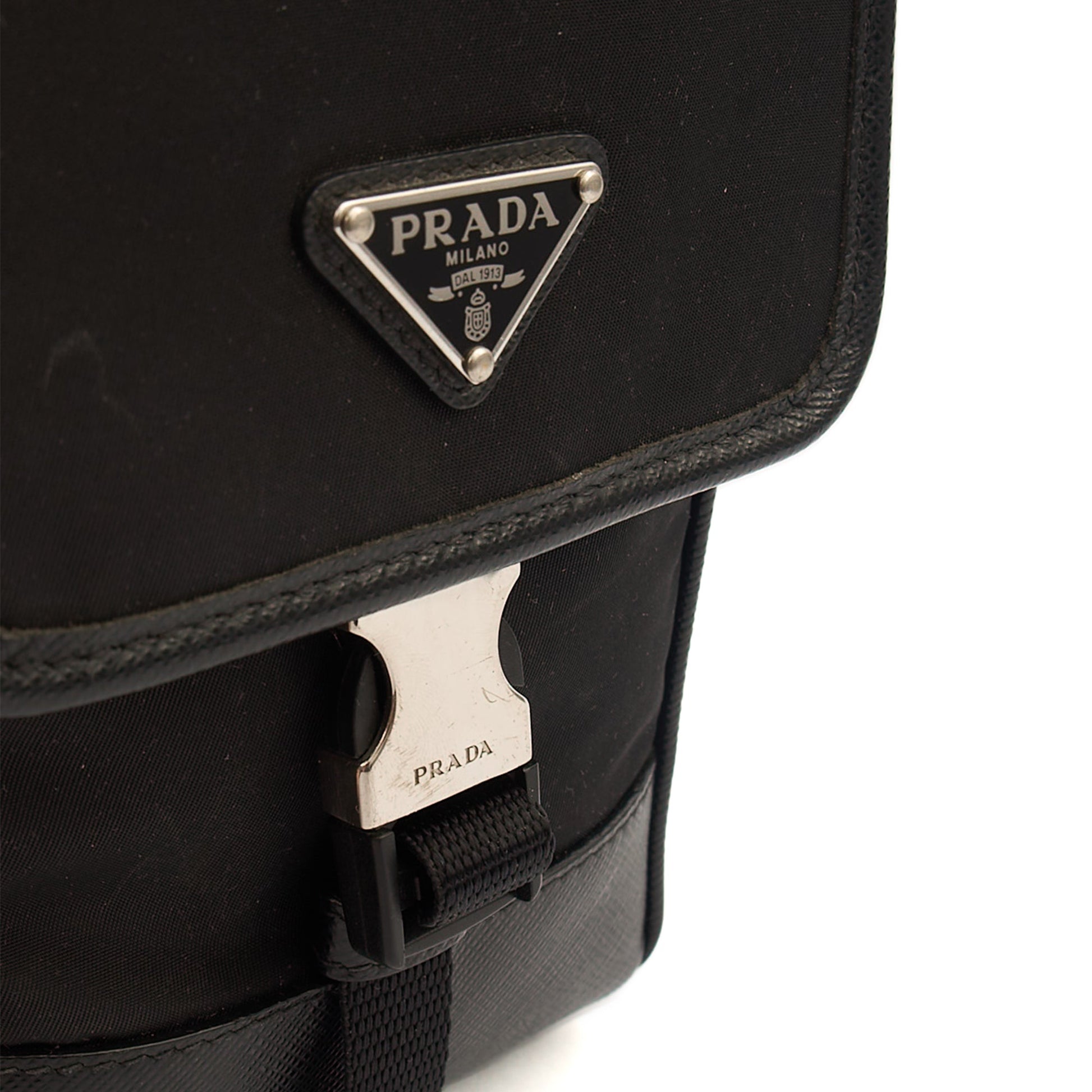 Prada Cross Body Plaque Logo Leather Mini Bag in Black, Nylon — Alternate View 20