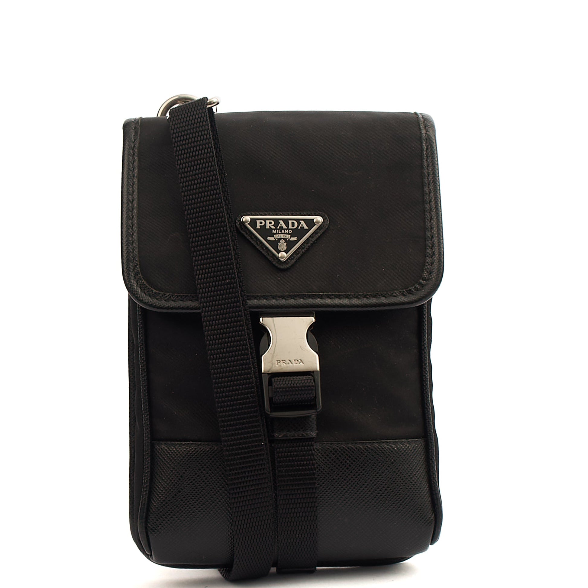 Prada Cross Body Plaque Logo Leather Mini Bag in Black, Nylon — Alternate View 8