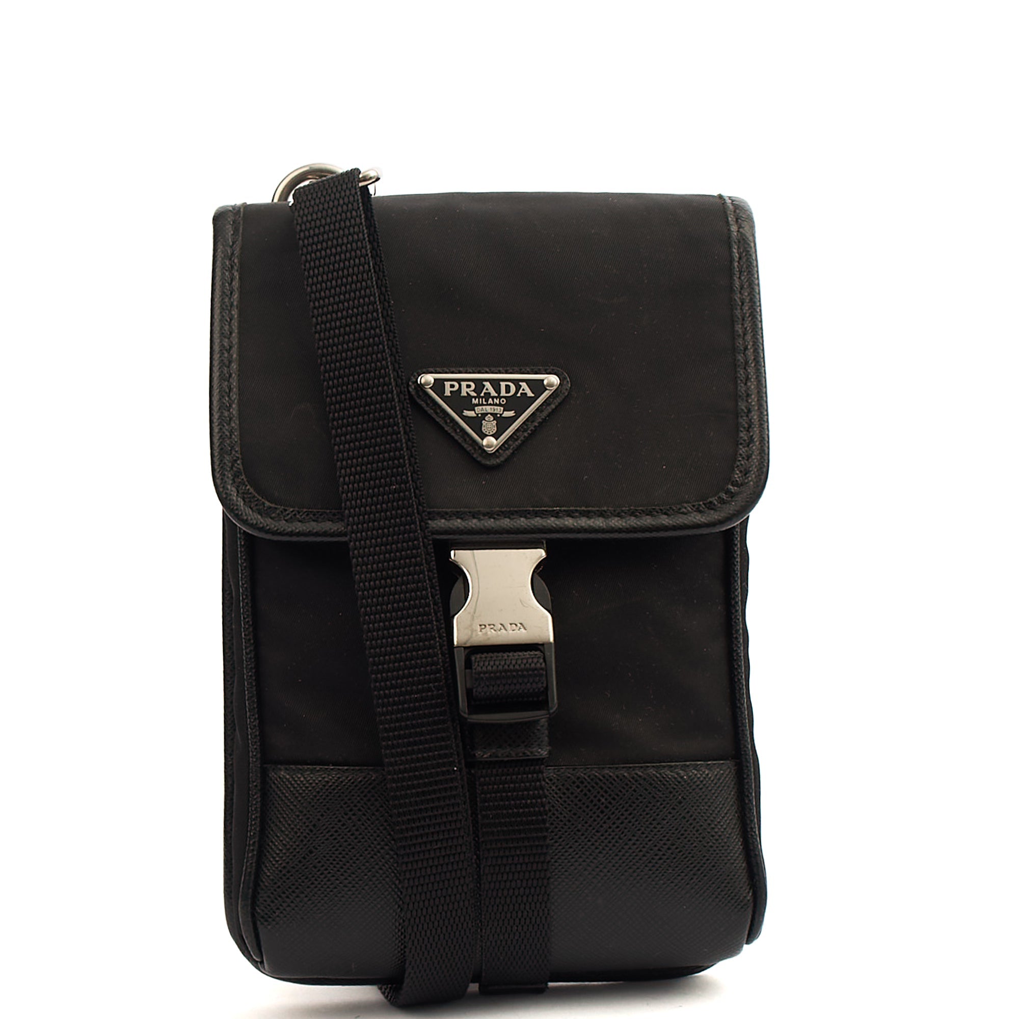 Prada Cross Body Plaque Logo Leather Mini Bag in Black, Nylon — Alternate View 8