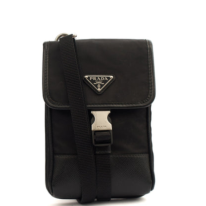 Prada Cross Body Plaque Logo Leather Mini Bag in Black, Nylon — Alternate View 8
