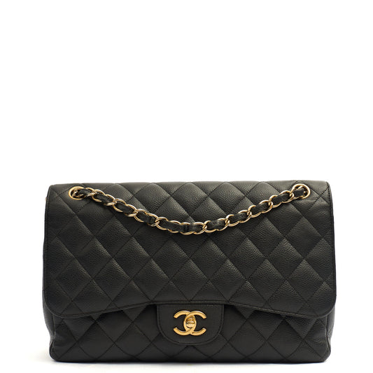 Chanel Shoulder Bag Classic Double Flap - Large in Black, Caviar Leather — Front View