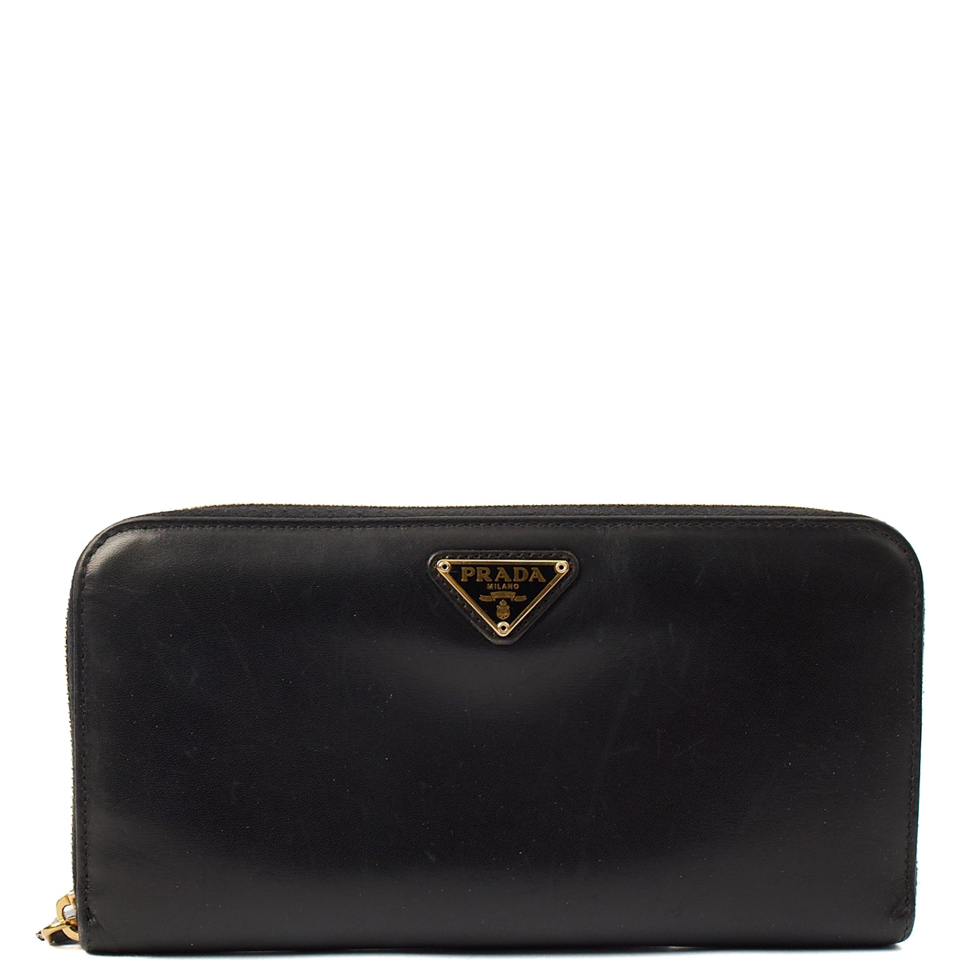 Prada Purse Zip Around Wallet in Black, Leather — Front View