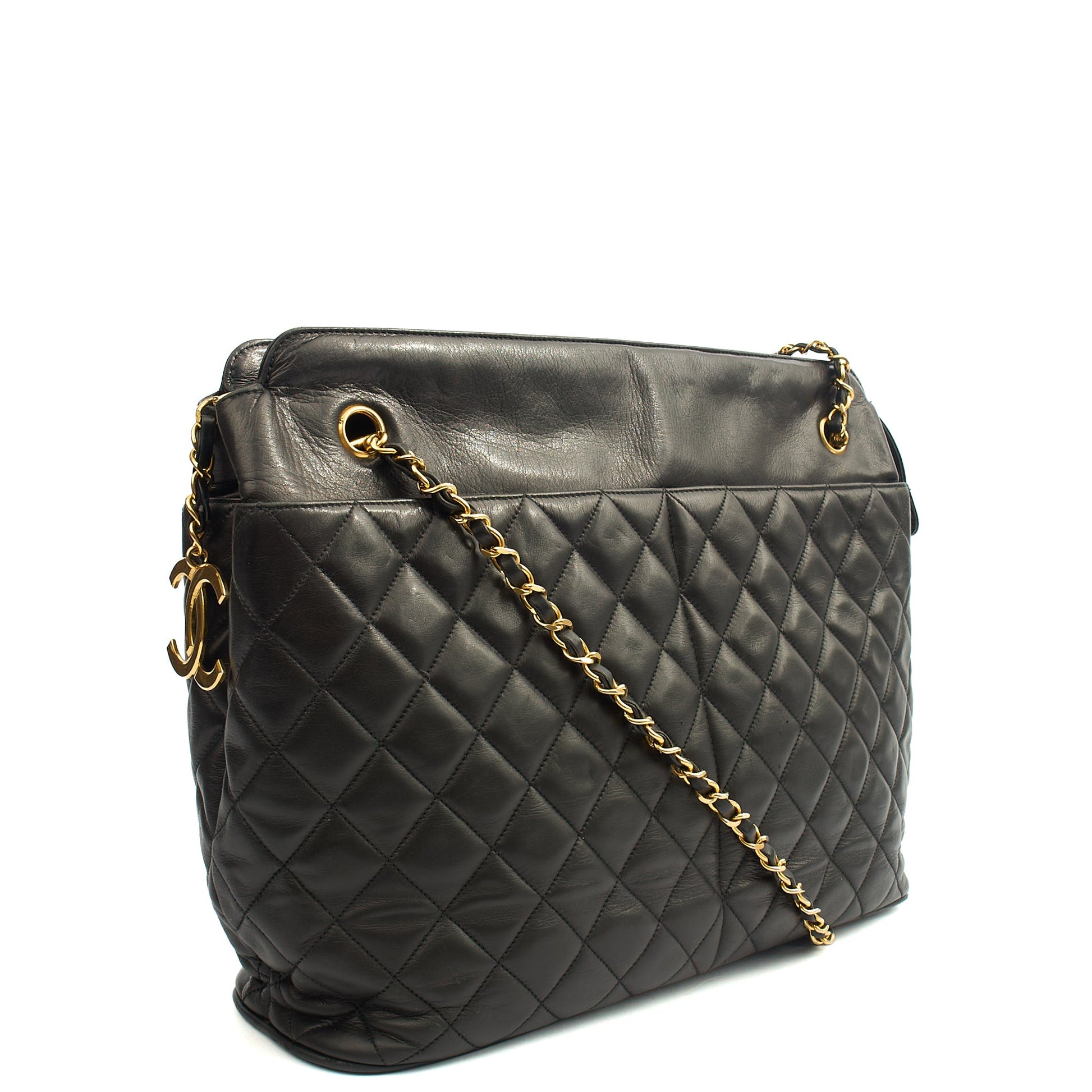 Chanel Tote Vintage Tote in Black, Lambskin Leather — Side View