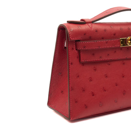 Hermes Mini Bag Kelly Pochette in Rouge Vif, Ostrich Leather — Alternate View 20