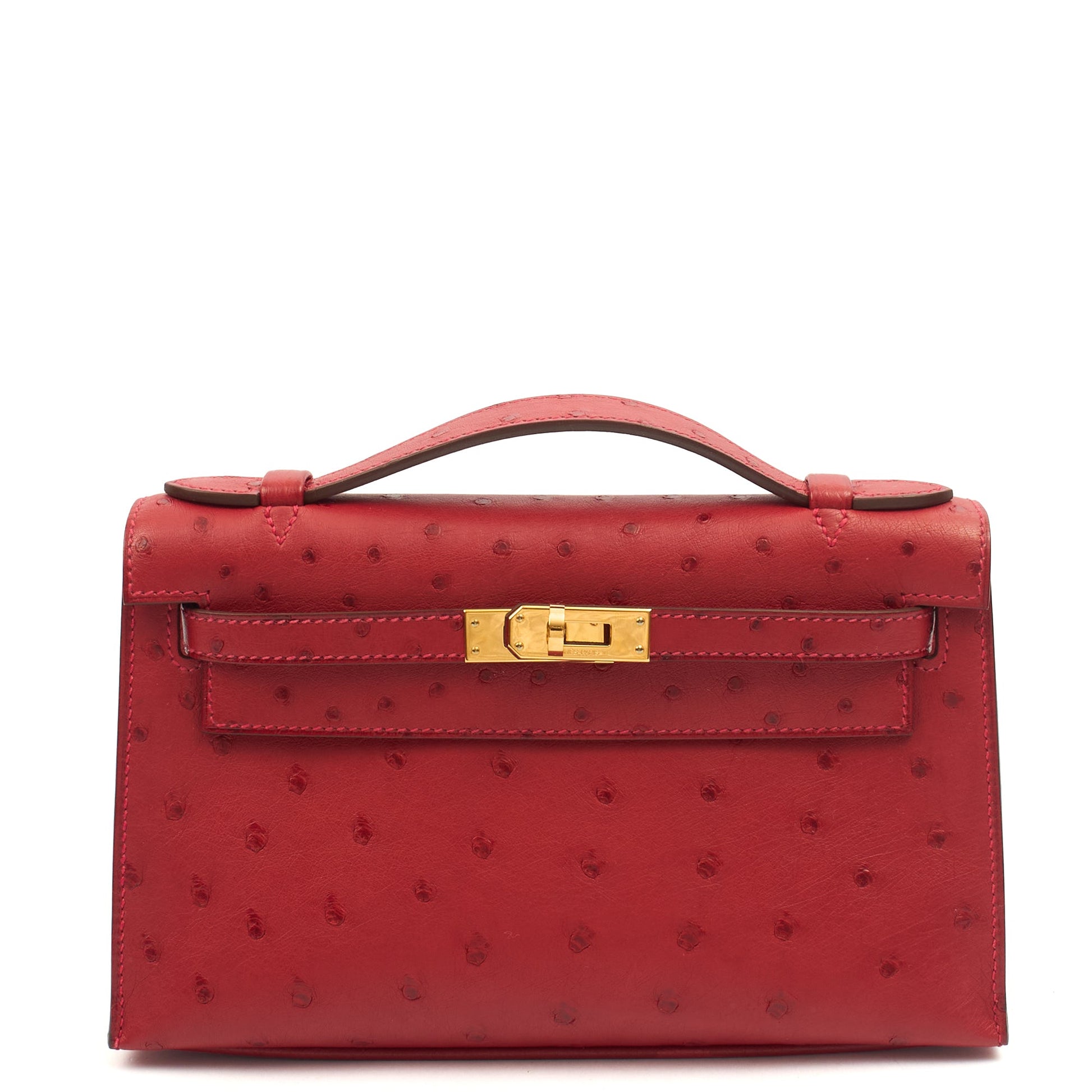 Hermes Mini Bag Kelly Pochette in Rouge Vif, Ostrich Leather — Alternate View 14