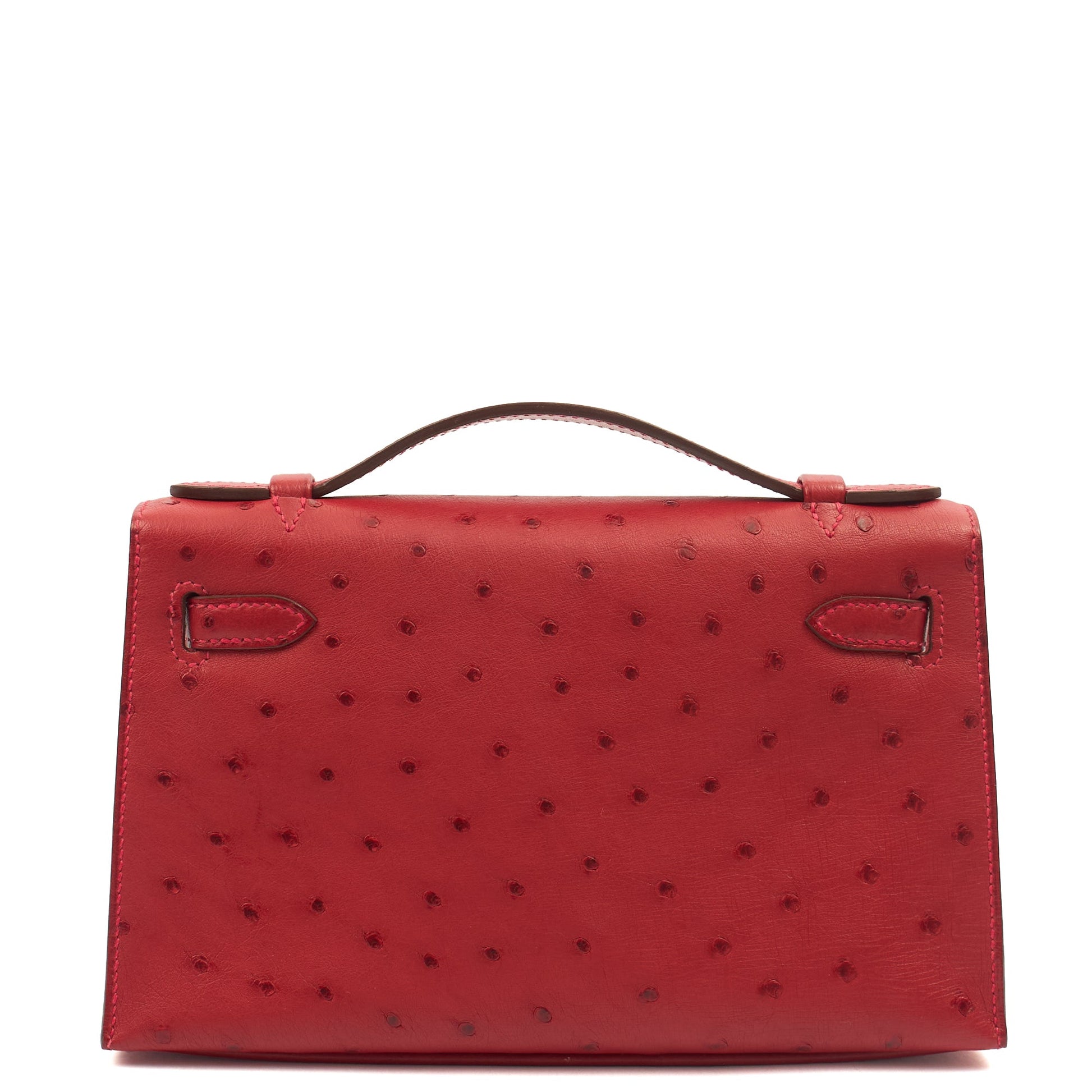 Hermes Mini Bag Kelly Pochette in Rouge Vif, Ostrich Leather — Back View