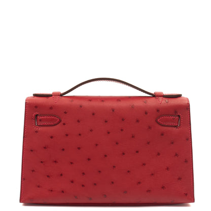 Hermes Mini Bag Kelly Pochette in Rouge Vif, Ostrich Leather — Back View