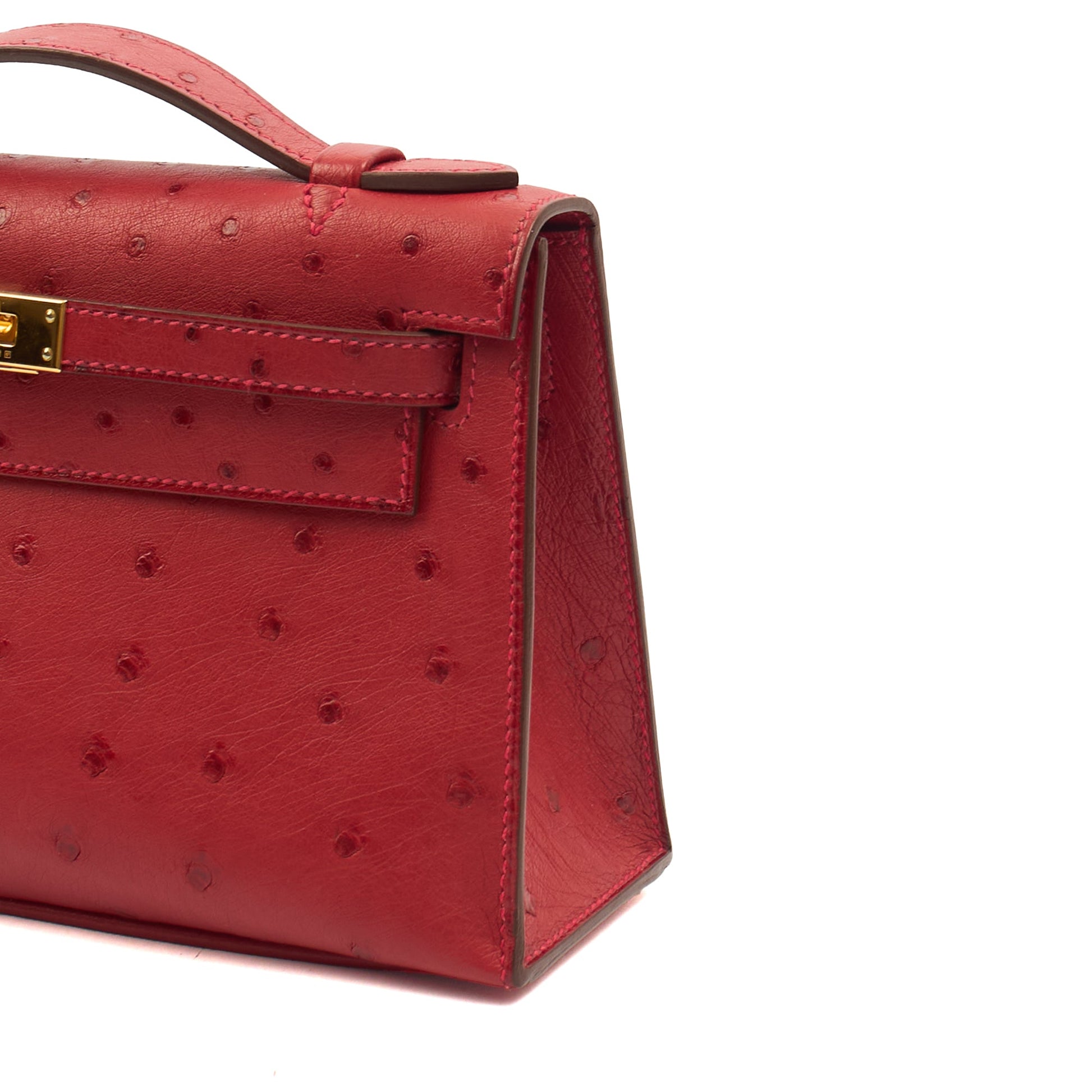Hermes Mini Bag Kelly Pochette in Rouge Vif, Ostrich Leather — Detail View