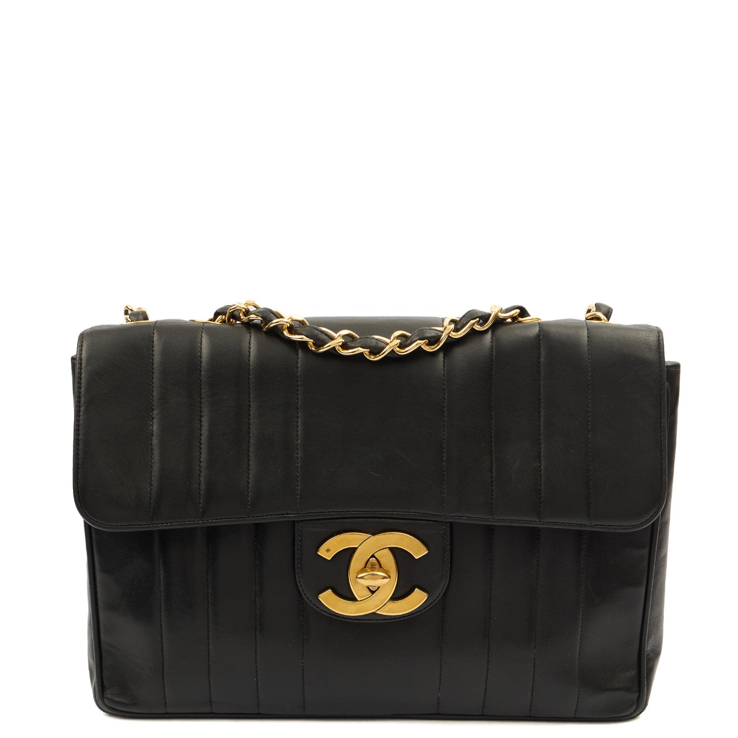 Chanel Shoulder Bag Maxi Jumbo XL in Black, Leather — Front View