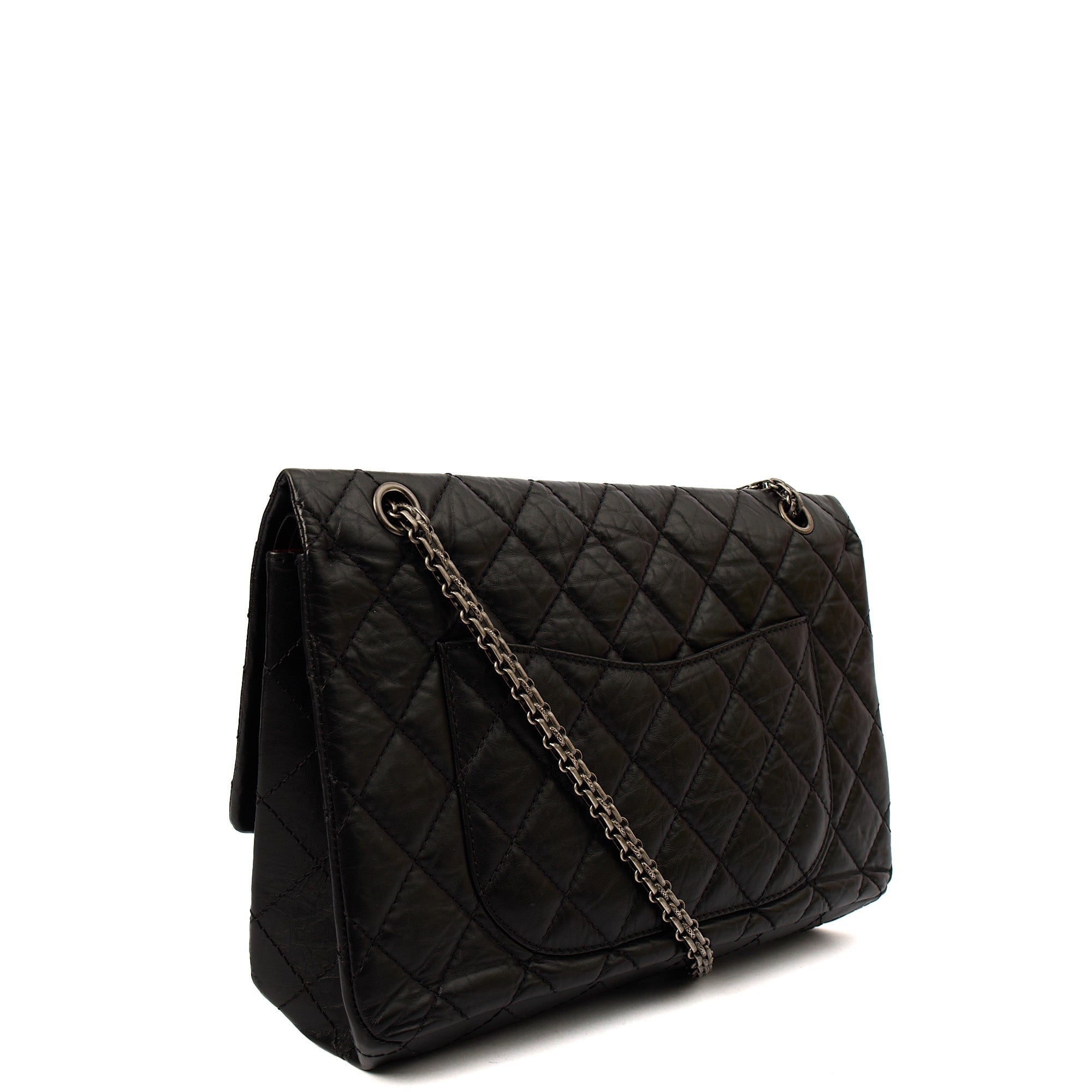 Chanel Shoulder Bag 2.55 Reissue - Medium in Black, Crinkled Calfskin Leather — Back View