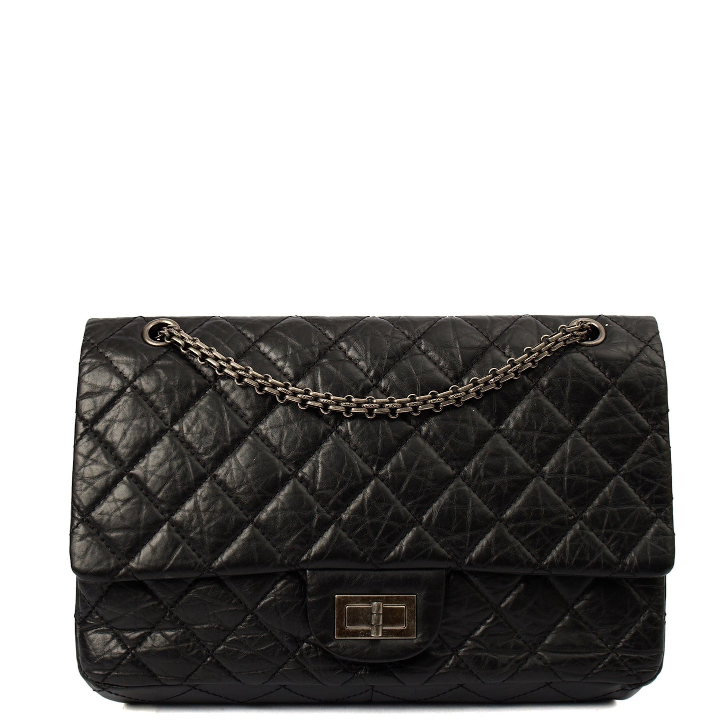 Chanel Shoulder Bag 2.55 Reissue - Medium in Black, Crinkled Calfskin Leather — Front View