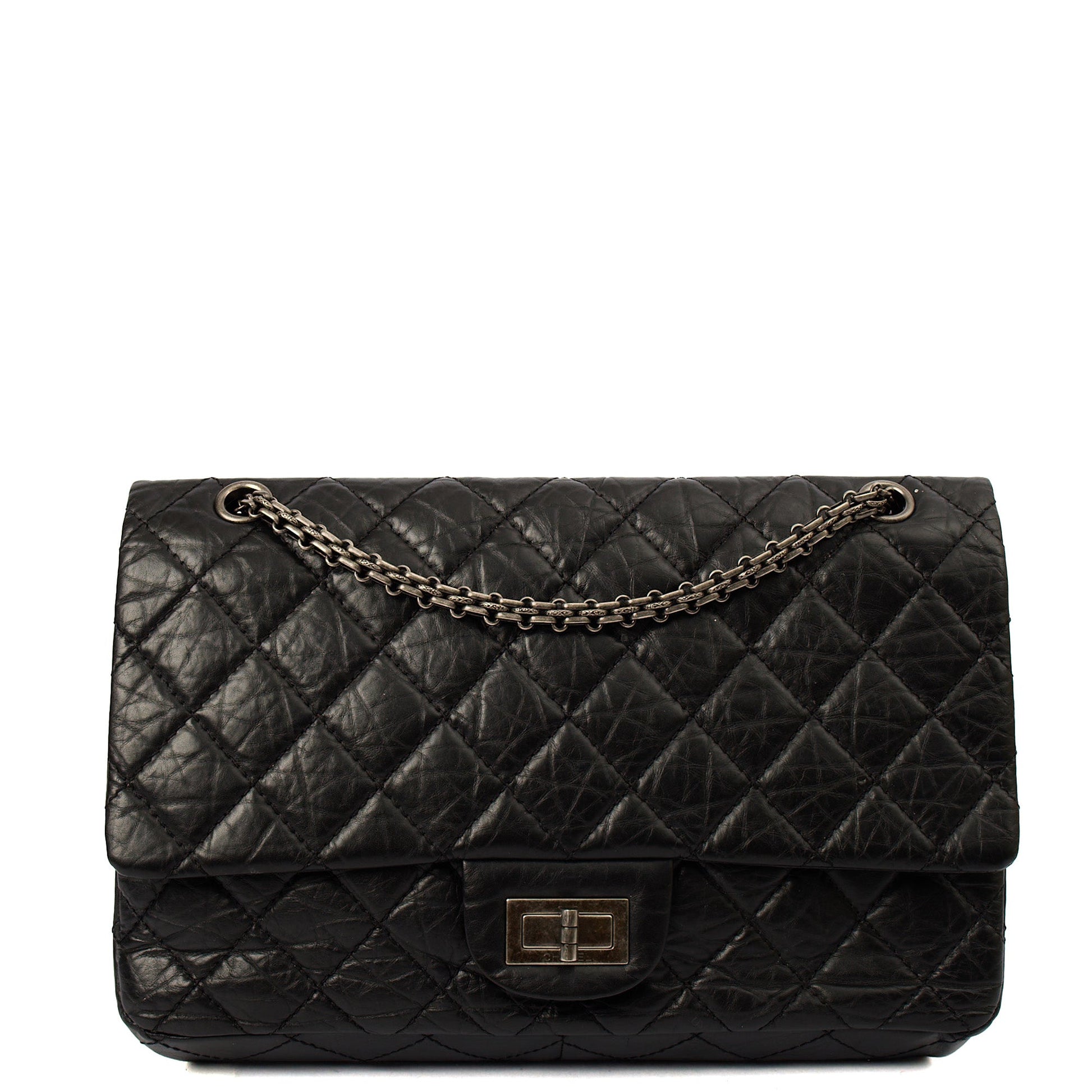 Chanel Shoulder Bag 2.55 Reissue - Medium in Black, Crinkled Calfskin Leather — Front View