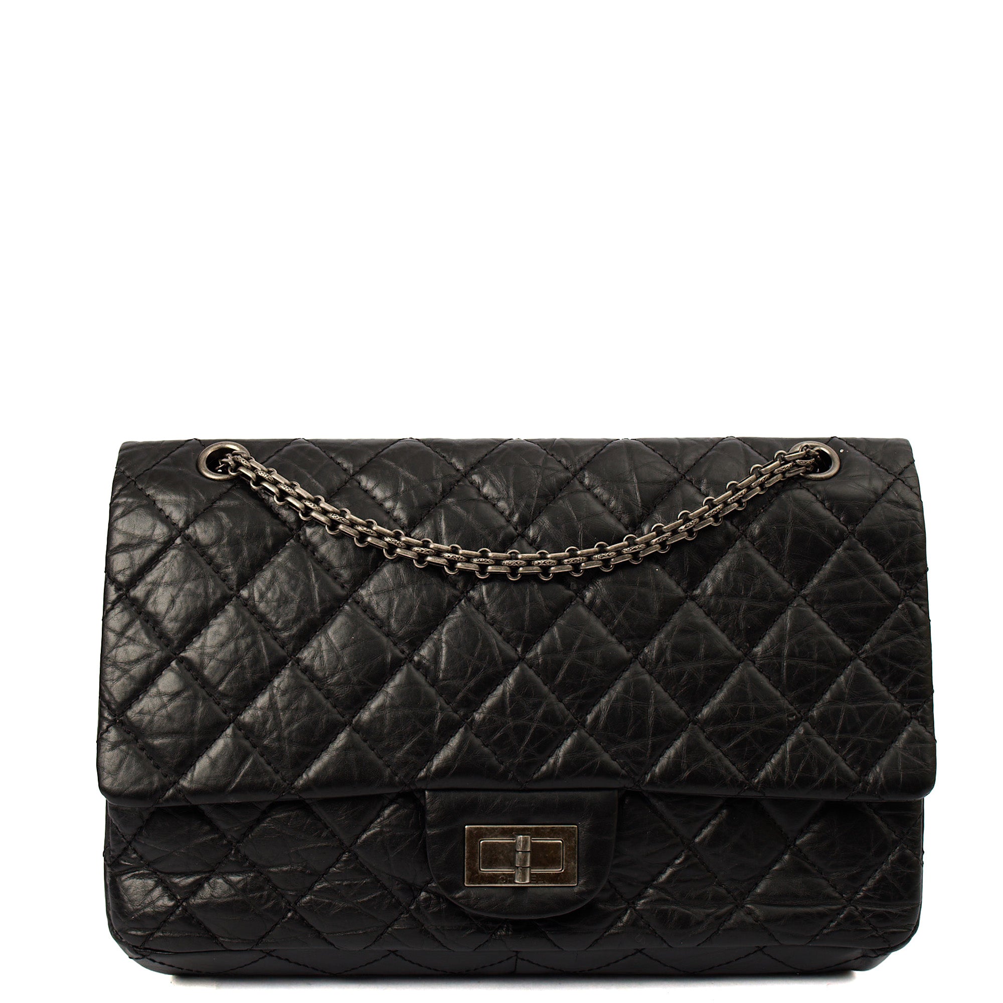 Chanel Shoulder Bag 2.55 Reissue - Medium in Black, Crinkled Calfskin Leather — Front View