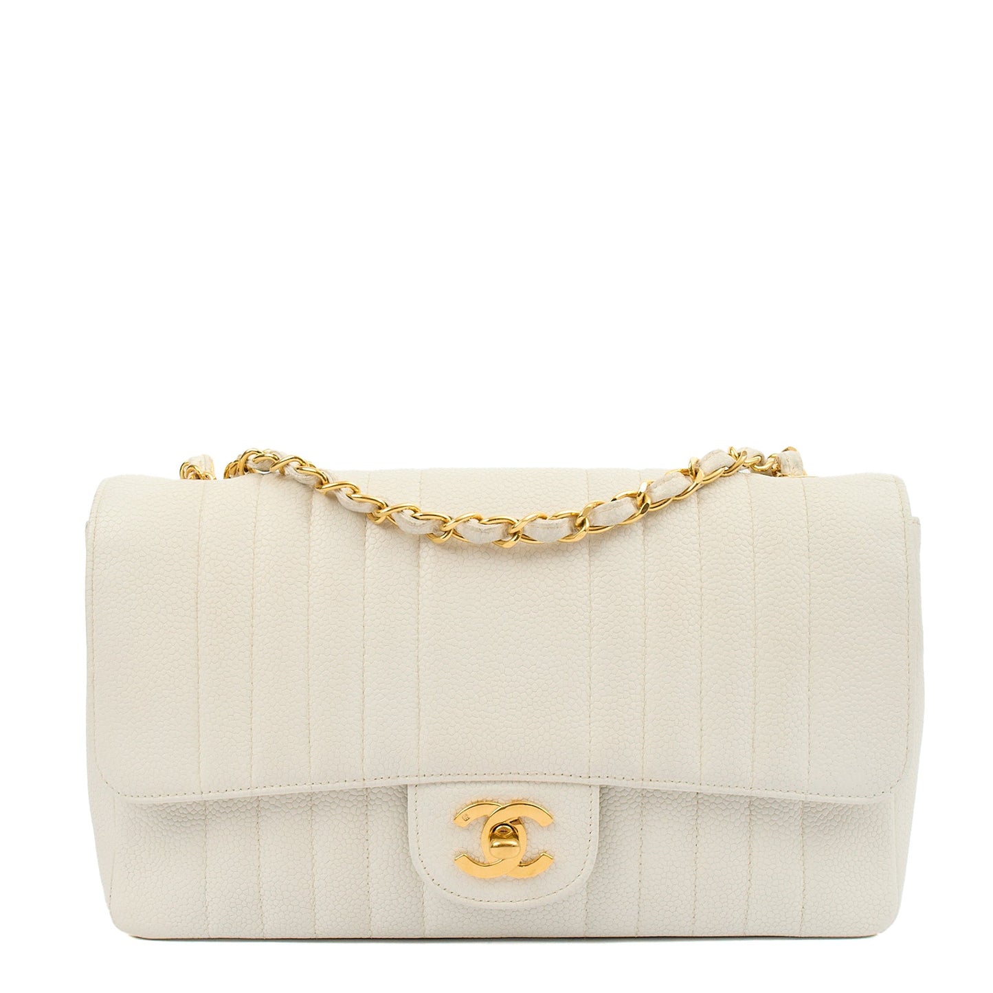 Chanel Chain Flap Bag in White, Caviar Leather with Gold Hardware — Front View
