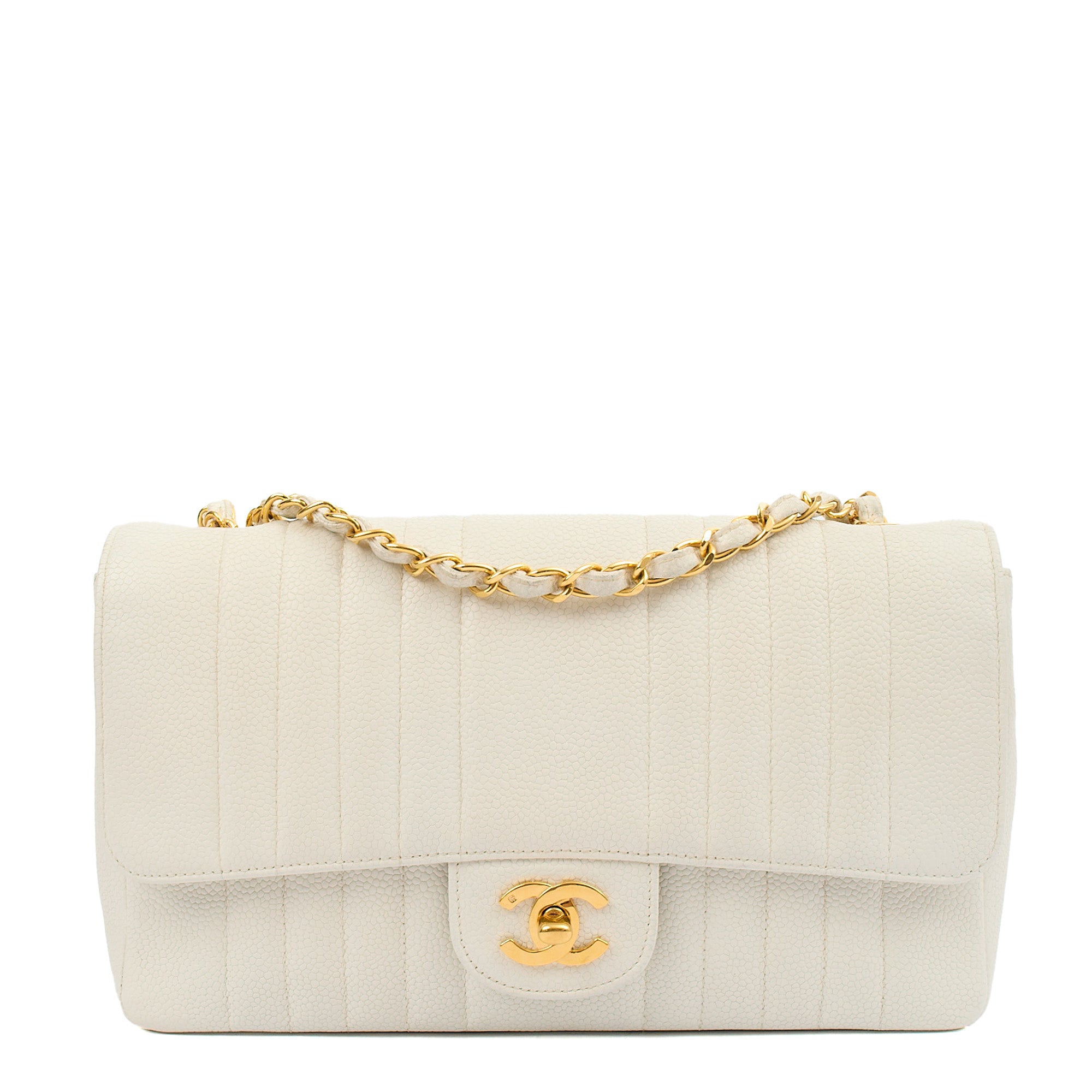 Chanel Chain Flap Bag in White, Caviar Leather with Gold Hardware — Front View