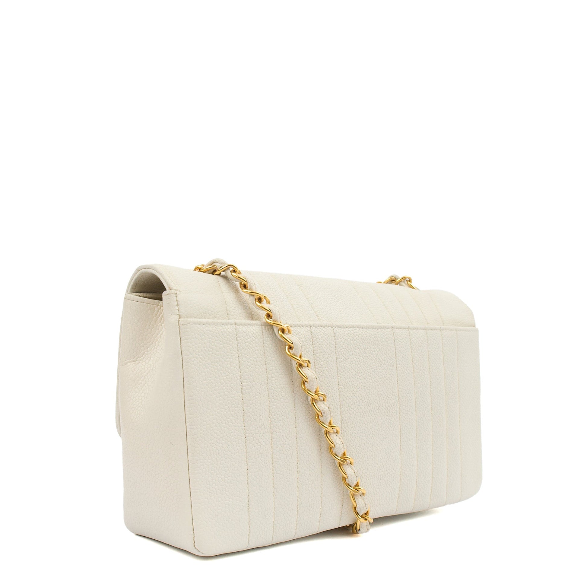 Chanel Chain Flap Bag in White, Caviar Leather with Gold Hardware — Back View