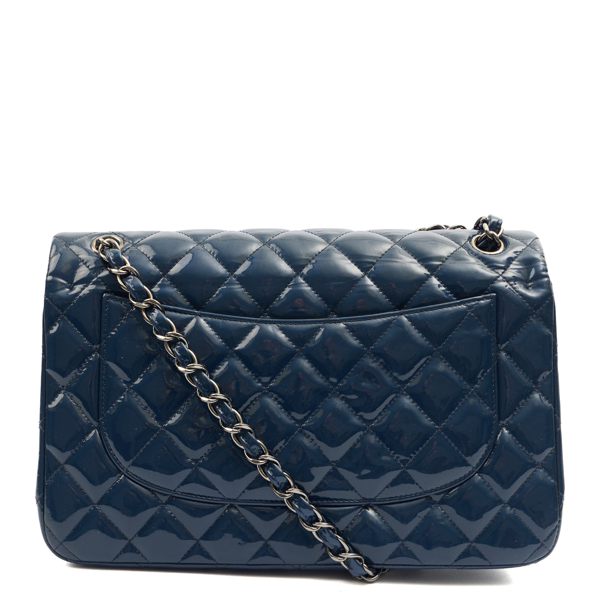 Chanel Shoulder Bag Classic Double Flap - Medium in Blue, Patent Leather — Back View