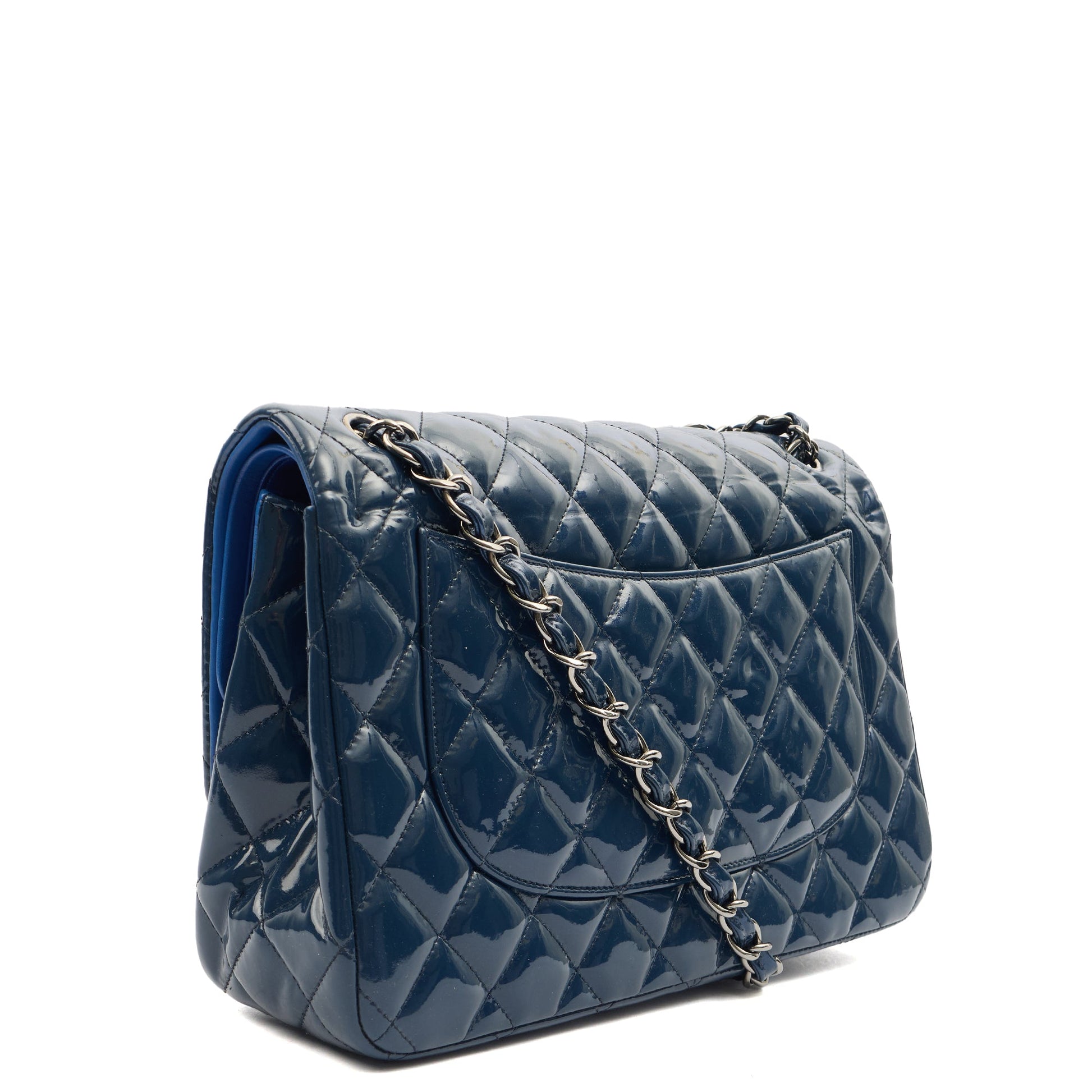 Chanel Shoulder Bag Classic Double Flap - Medium in Blue, Patent Leather — Side View