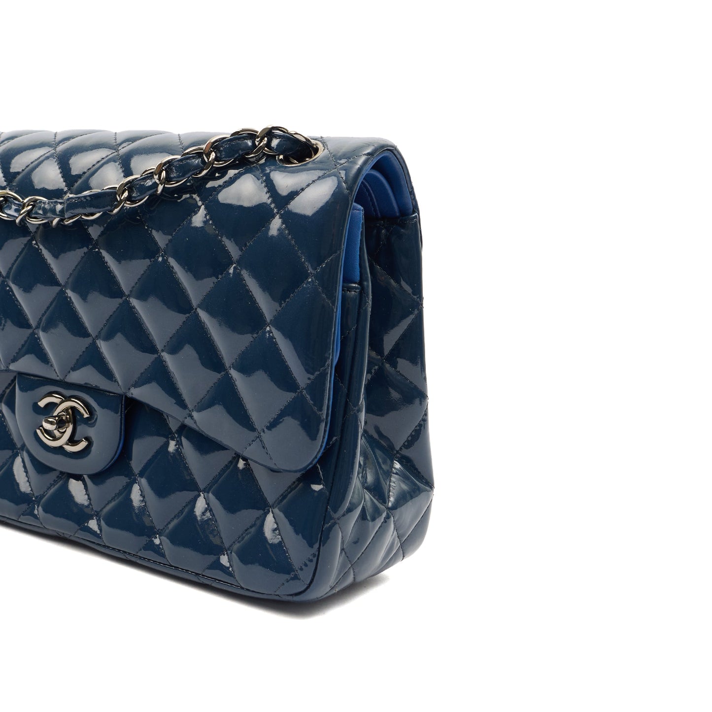 Chanel Shoulder Bag Classic Double Flap - Medium in Blue, Patent Leather — Detail View