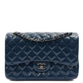 Chanel Shoulder Bag Classic Double Flap - Medium in Blue, Patent Leather — Front View
