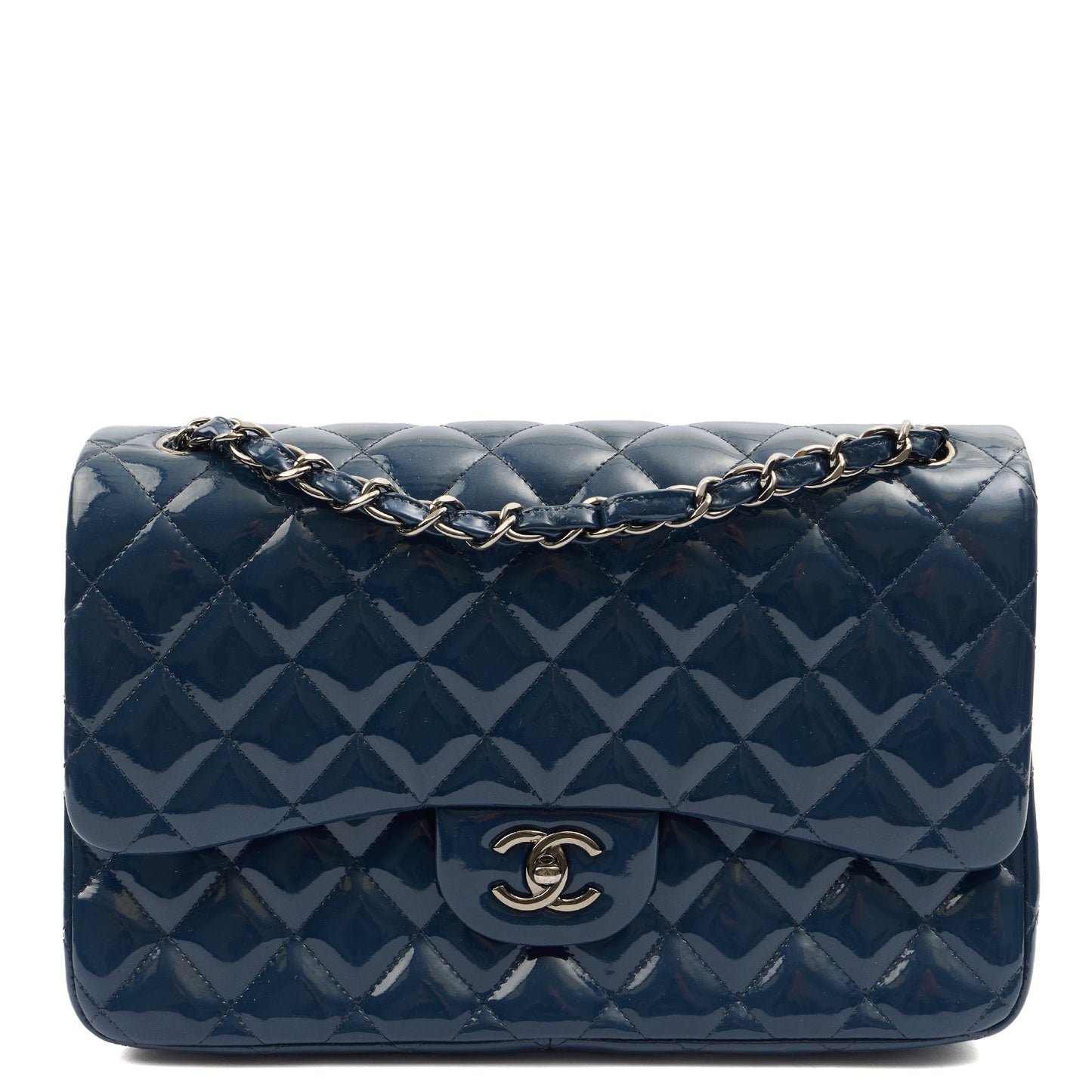 Chanel Shoulder Bag Classic Double Flap - Medium in Blue, Patent Leather — Front View