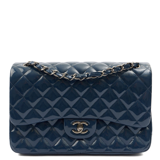 Chanel Shoulder Bag Classic Double Flap - Medium in Blue, Patent Leather — Front View