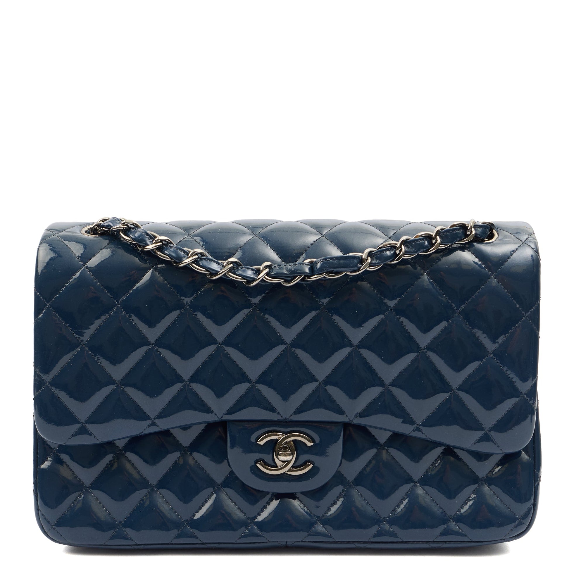 Chanel Shoulder Bag Classic Double Flap - Medium in Blue, Patent Leather — Alternate View 10