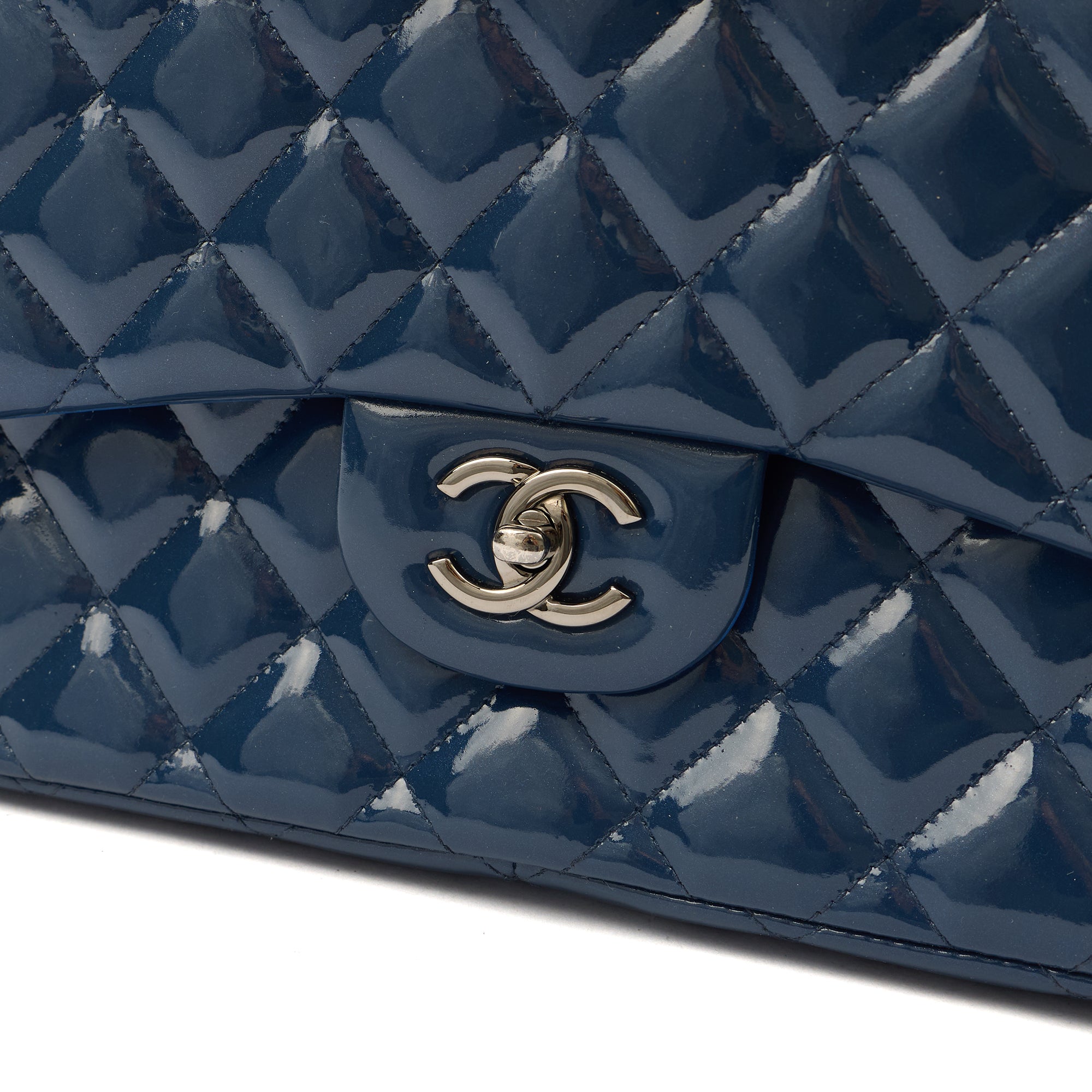 Chanel Shoulder Bag Classic Double Flap - Medium in Blue, Patent Leather — Lifestyle View