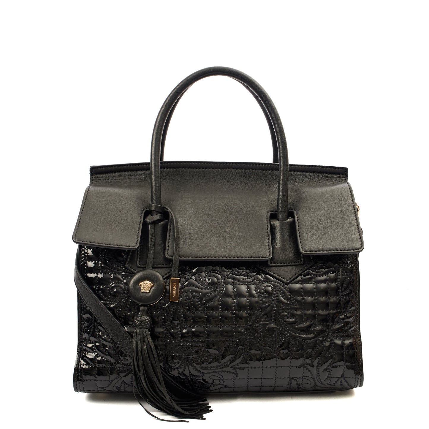 Versace Tote Shoulder Bag in Black, Patent Leather — Front View