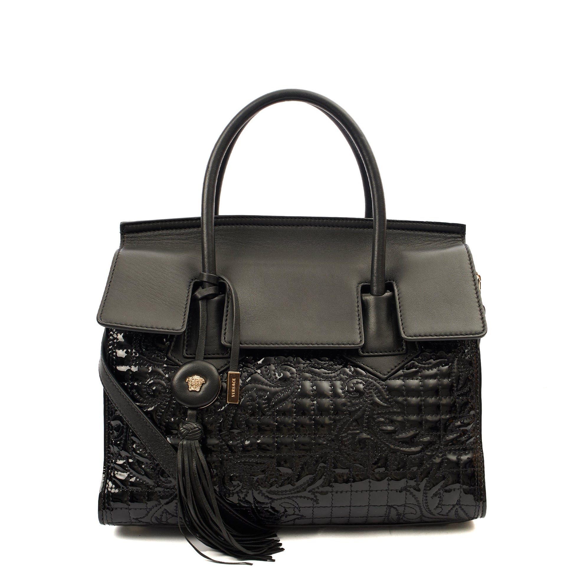 Versace Tote Shoulder Bag in Black, Patent Leather — Front View