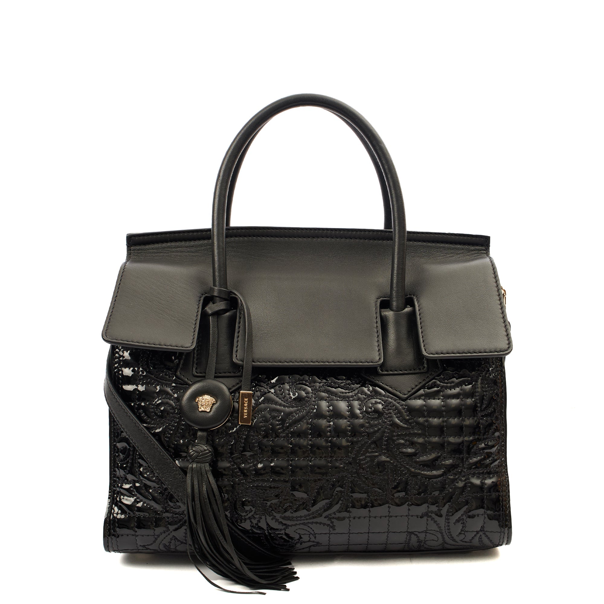 Versace Tote Shoulder Bag in Black, Patent Leather — Front View
