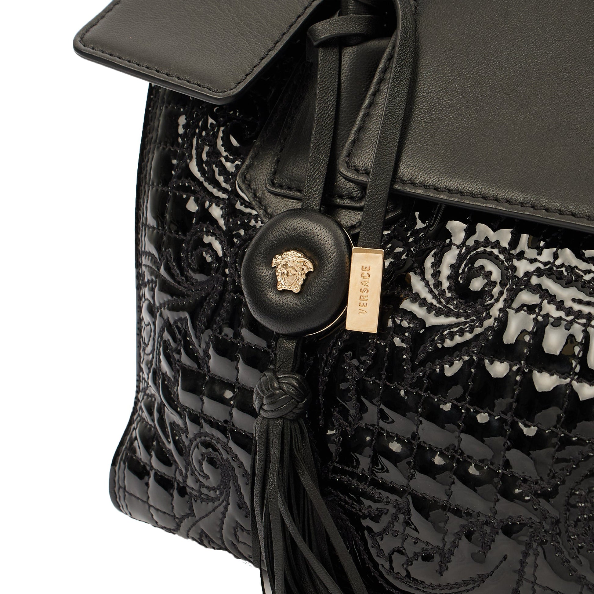 Versace Tote Shoulder Bag in Black, Patent Leather — Lifestyle View