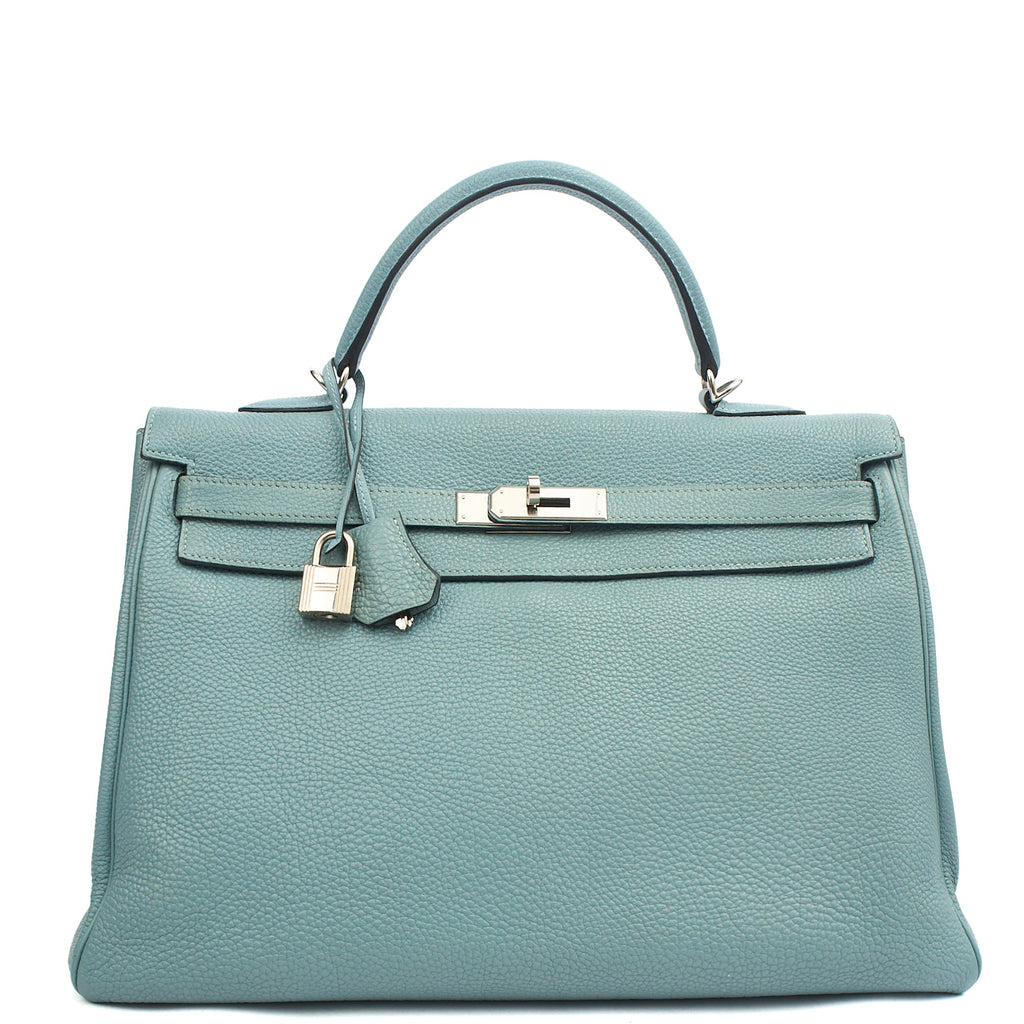 Hermes Tote Kelly 35 in Bleu Jean, Togo Leather — Front View