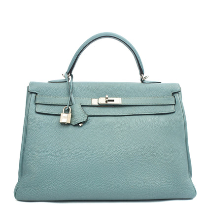 Hermes Tote Kelly 35 in Bleu Jean, Togo Leather — Front View