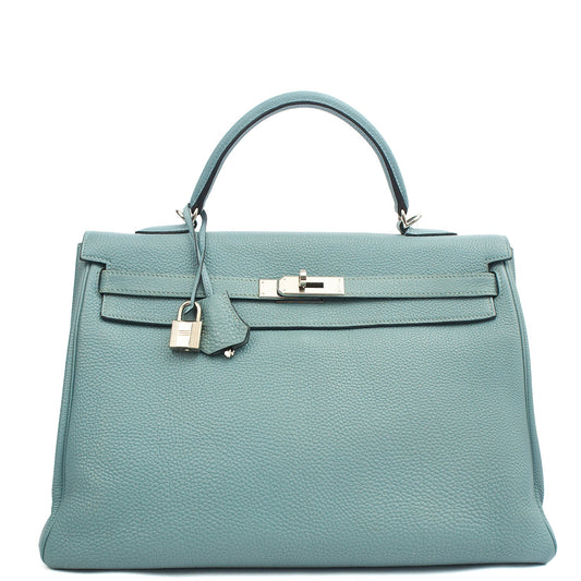 Hermes Tote Kelly 35 in Bleu Jean, Togo Leather — Front View