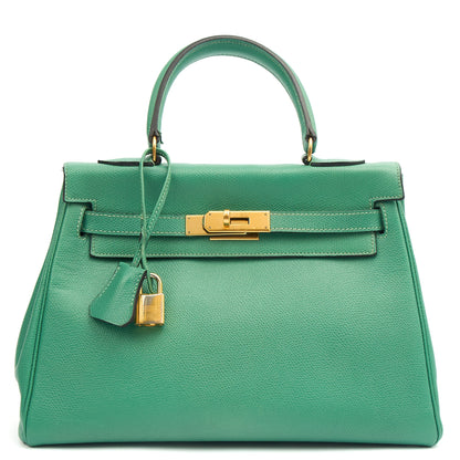 Hermes Top Handle Kelly 28 in Vert Vertigo, Courchevel Leather — Front View