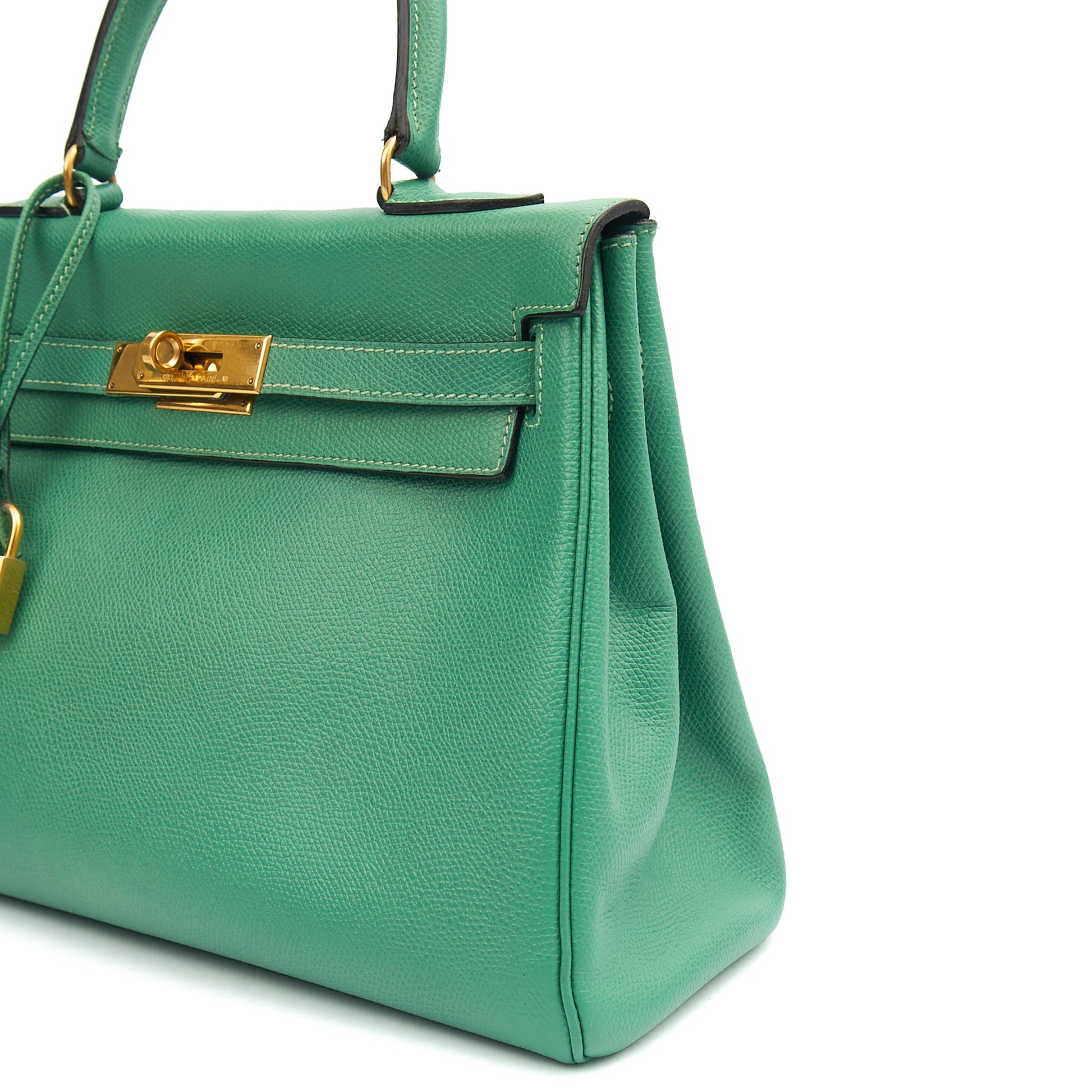 Hermes Top Handle Kelly 28 in Vert Vertigo, Courchevel Leather — Detail View
