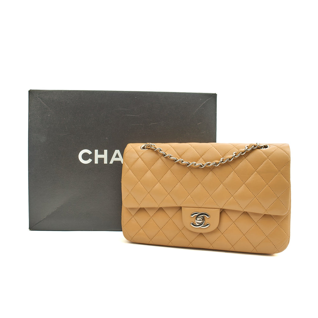 Chanel Shoulder Bag Classic Double Flap - Medium in Neutral, Lambskin Leather — Lifestyle View