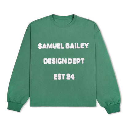 Samuel Bailey Green Long Sleeve Design Dept Tee — S — Front View